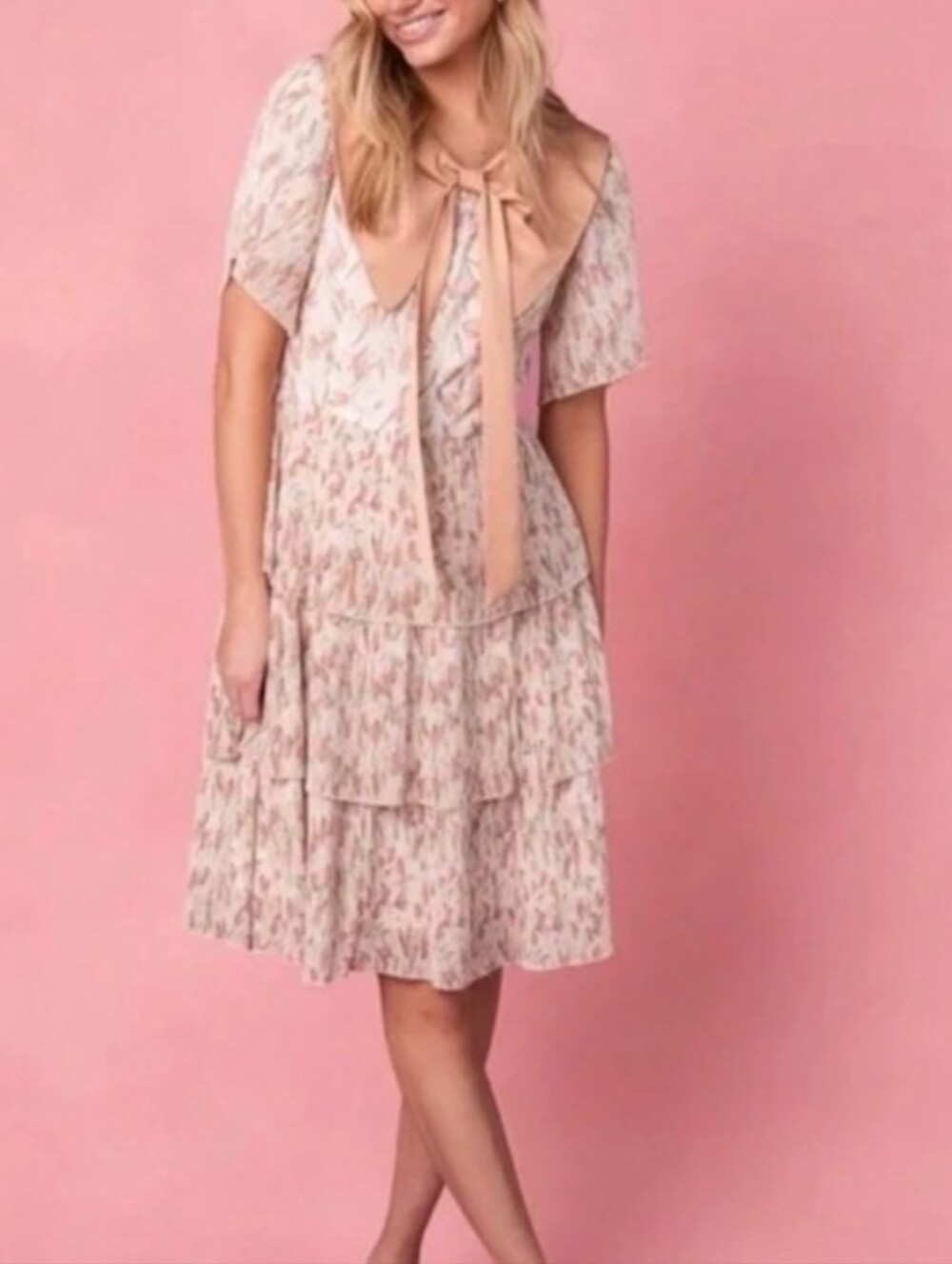 Ivy City Co Macey Peach Floral Tiered Midi Dress with Bow Collar